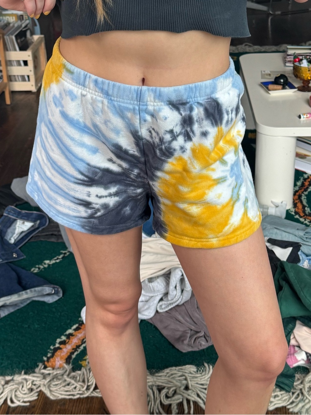 TNA Tie-Dye Athletic Shorts in Blue, Yellow & Gray